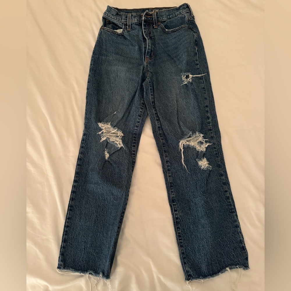Straight Leg Denim Medium Wash Jeans with rips